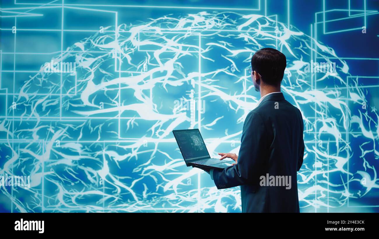 Computer scientist solving tasks on laptop, running artificial intelligence programming scripts. Engineer manipulating lines of code for AI applications development, camera B Stock Photo