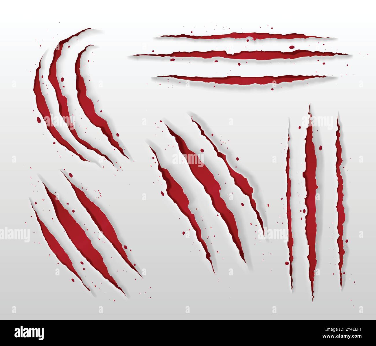 Animal claw scratch mark. Paper slash rip made by tiger, lion or bear. Realistic 3d vector illustration set of panther or wolf paw tear and brake red surface. Scary monster scrape trail texture. Stock Vector