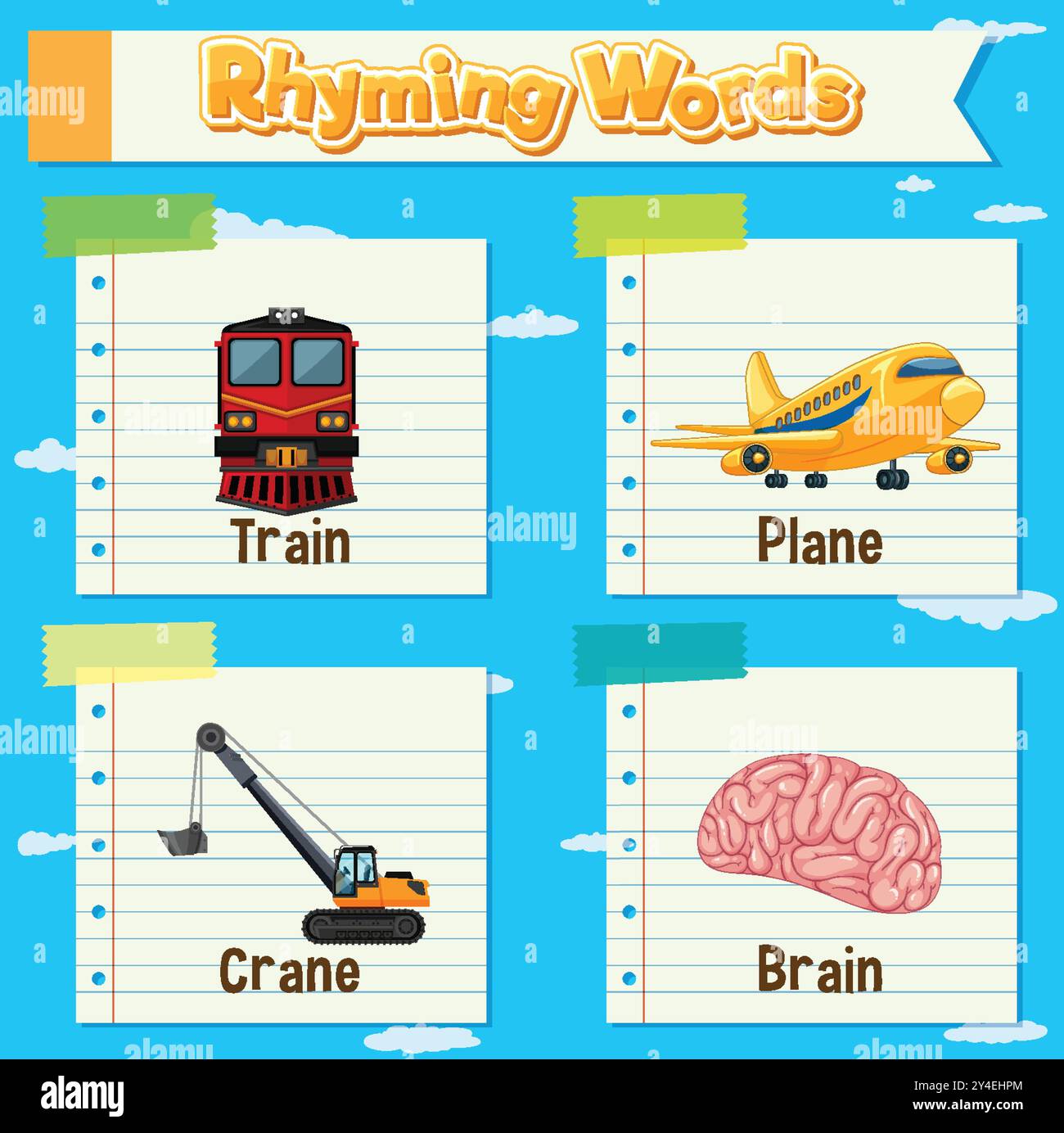 Train, plane, crane, and brain rhyming words Stock Vector Image 