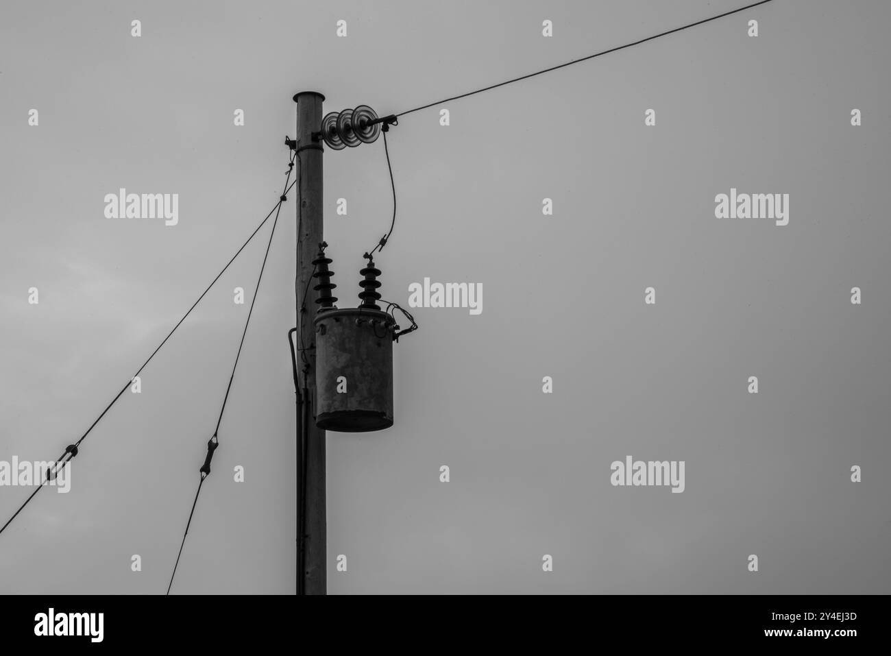 transformer for electricity on wooden pole in black and white Stock ...