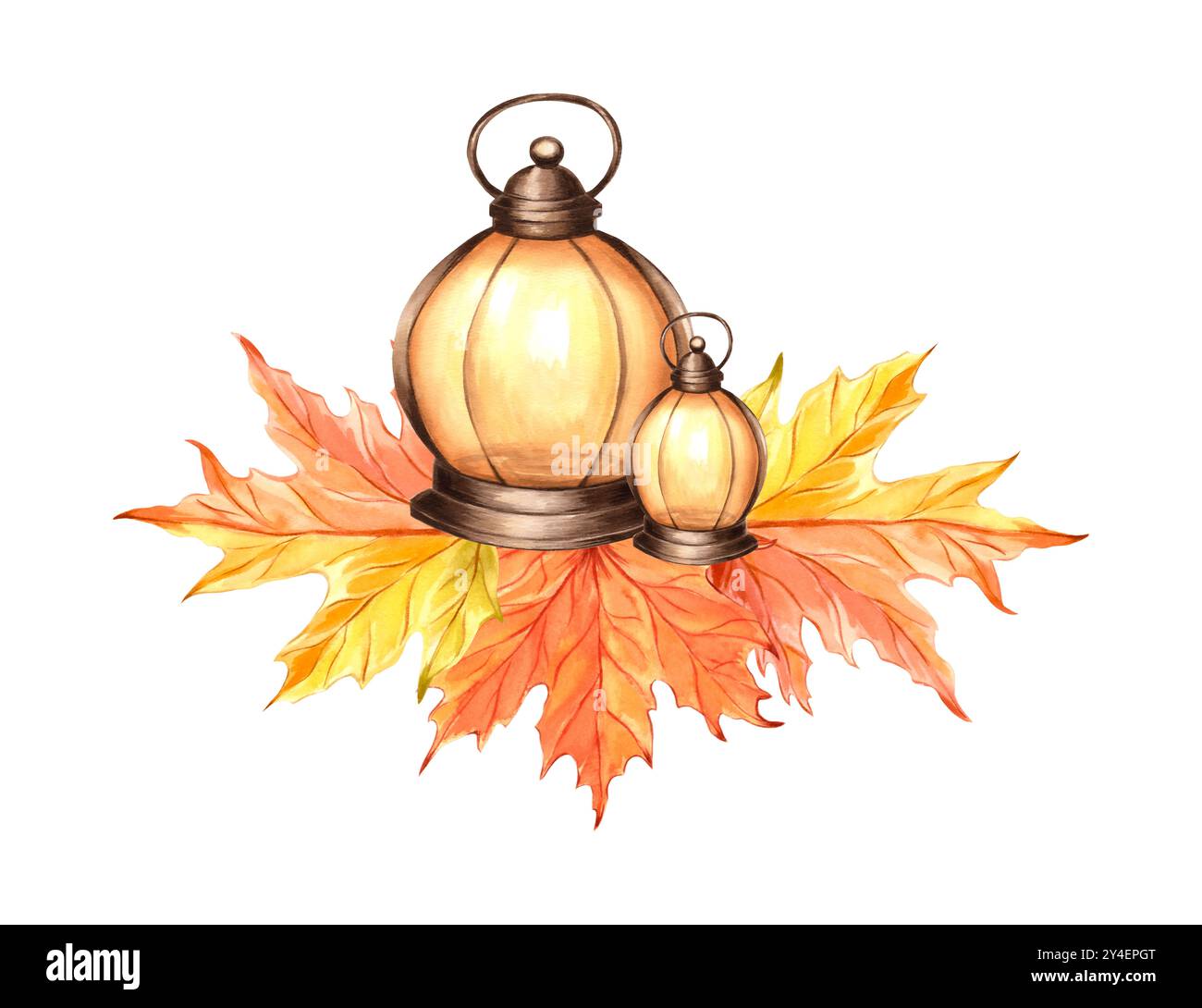 Fall Oil lamps vintage and maple leaves. Hand drawn watercolor ...