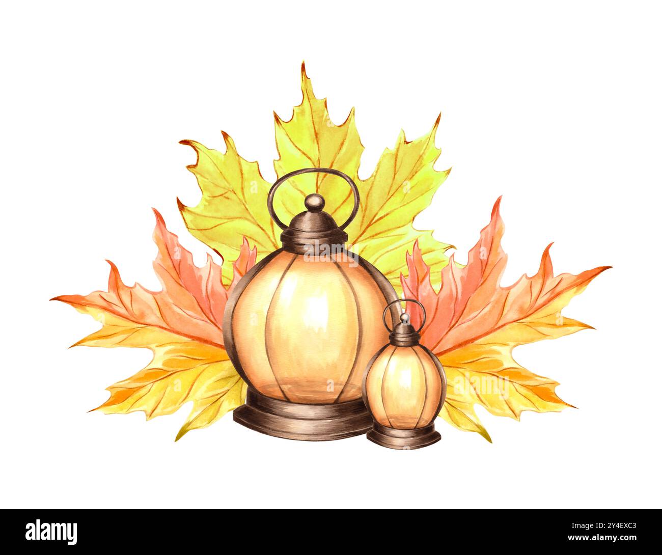 Fall Oil lamps vintage and maple leaves. Hand drawn watercolor ...