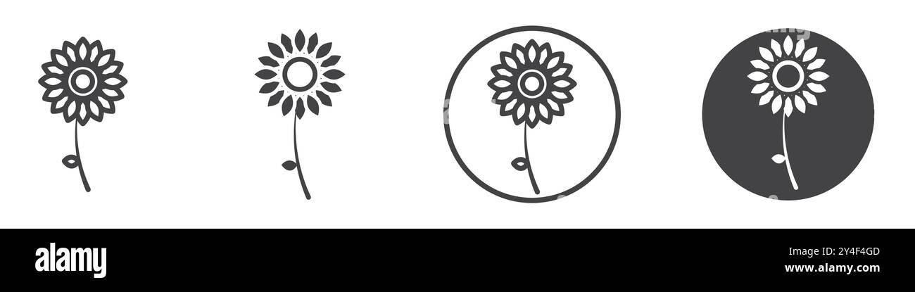 Sunflower icon set in thin line outline style and linear vector sign ...