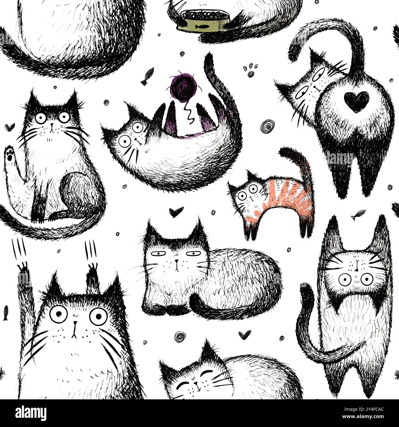 Seamless pattern with different funny cats. Hand draw illustration ...