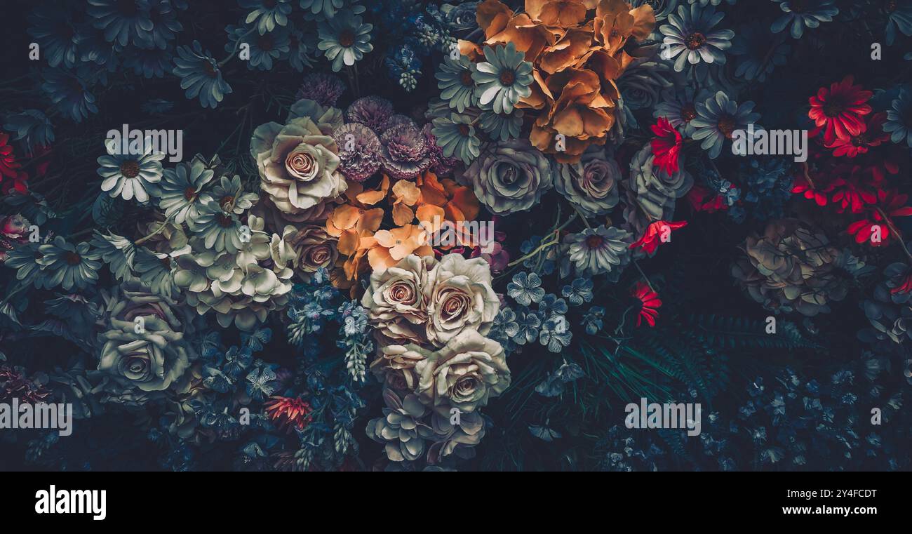 A vintage floral arrangement featuring artificial flowers with a dark