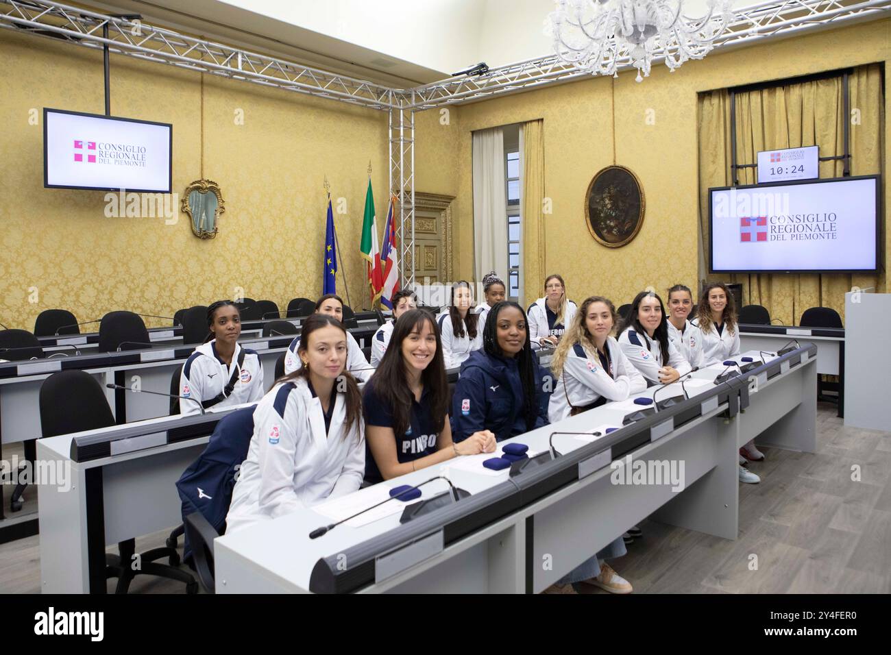 Torino, Italia. 18th Sep, 2024. Le atlete della Union Volley Pinerolo con la campionessa olimpica di Parigi, Carlotta Cambi, in visita presso Palazzo Lascaris a Torino, Italia - Mercoledì, 18 Settembre 2024 - Cronaca - ( Foto Andrea Alfano/LaPresse ) Union Volley Pinerolo athletes with Carlotta Cambi olympic champion visiting Palazzo Lascaris in Turin, Italy - Wednesday, 18 September 2024 - News - ( Foto Andrea Alfano/LaPresse ) Credit: LaPresse/Alamy Live News Stock Photo