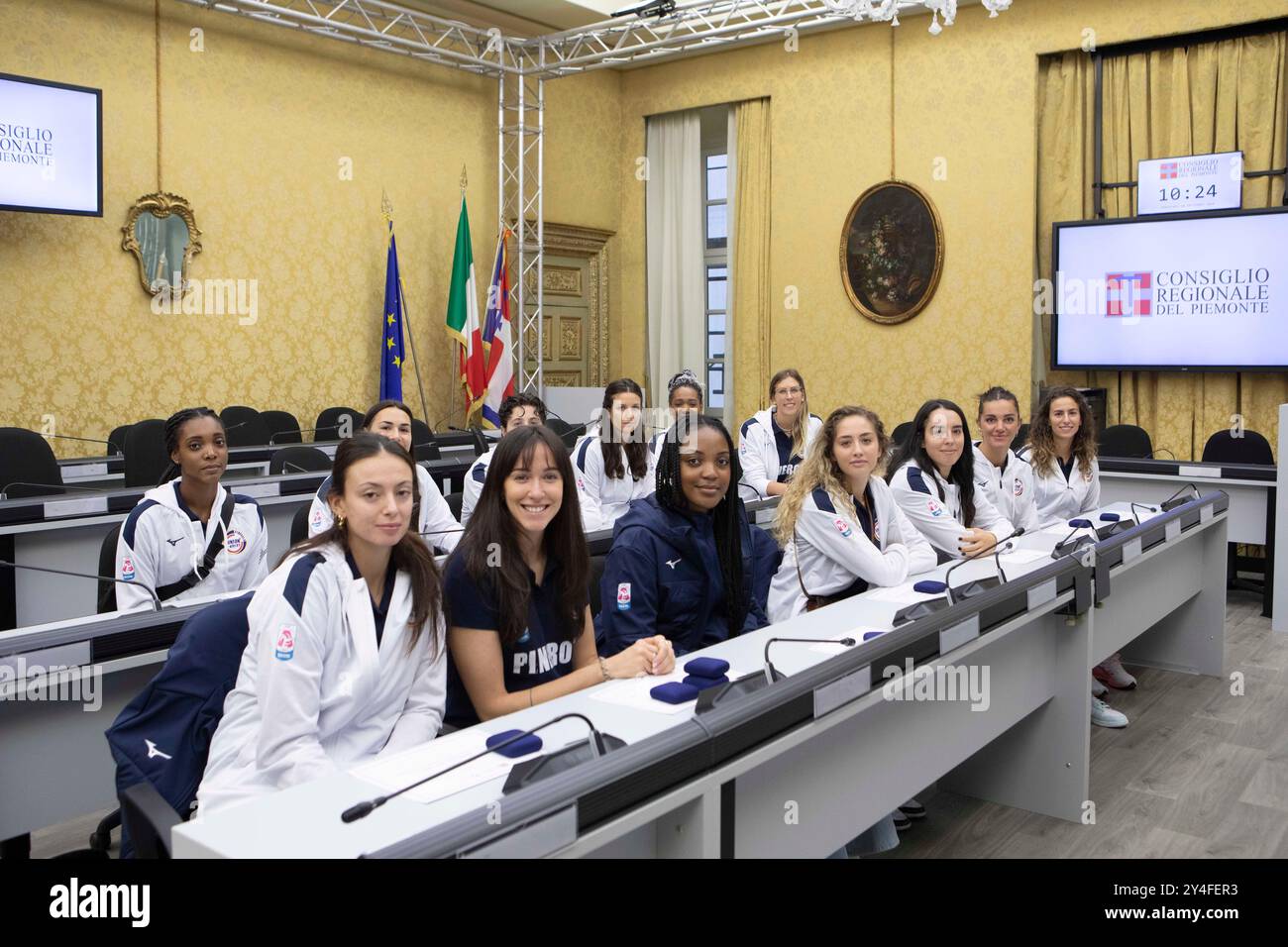 Torino, Italia. 18th Sep, 2024. Le atlete della Union Volley Pinerolo con la campionessa olimpica di Parigi, Carlotta Cambi, in visita presso Palazzo Lascaris a Torino, Italia - Mercoledì, 18 Settembre 2024 - Cronaca - ( Foto Andrea Alfano/LaPresse ) Union Volley Pinerolo athletes with Carlotta Cambi olympic champion visiting Palazzo Lascaris in Turin, Italy - Wednesday, 18 September 2024 - News - ( Foto Andrea Alfano/LaPresse ) Credit: LaPresse/Alamy Live News Stock Photo