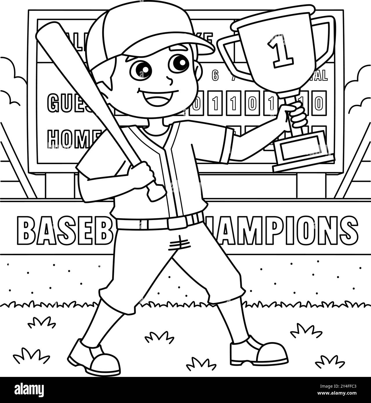 Baseball Player with Championship Trophy Coloring Stock Vector Image ...