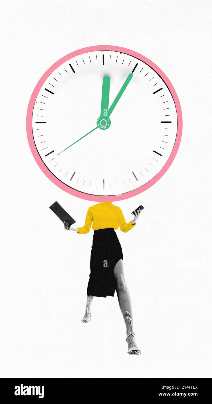 Businesswoman with clock as head, juggling tasks, multitasking under tight time constraints. Contemporary art collage. Stock Photo