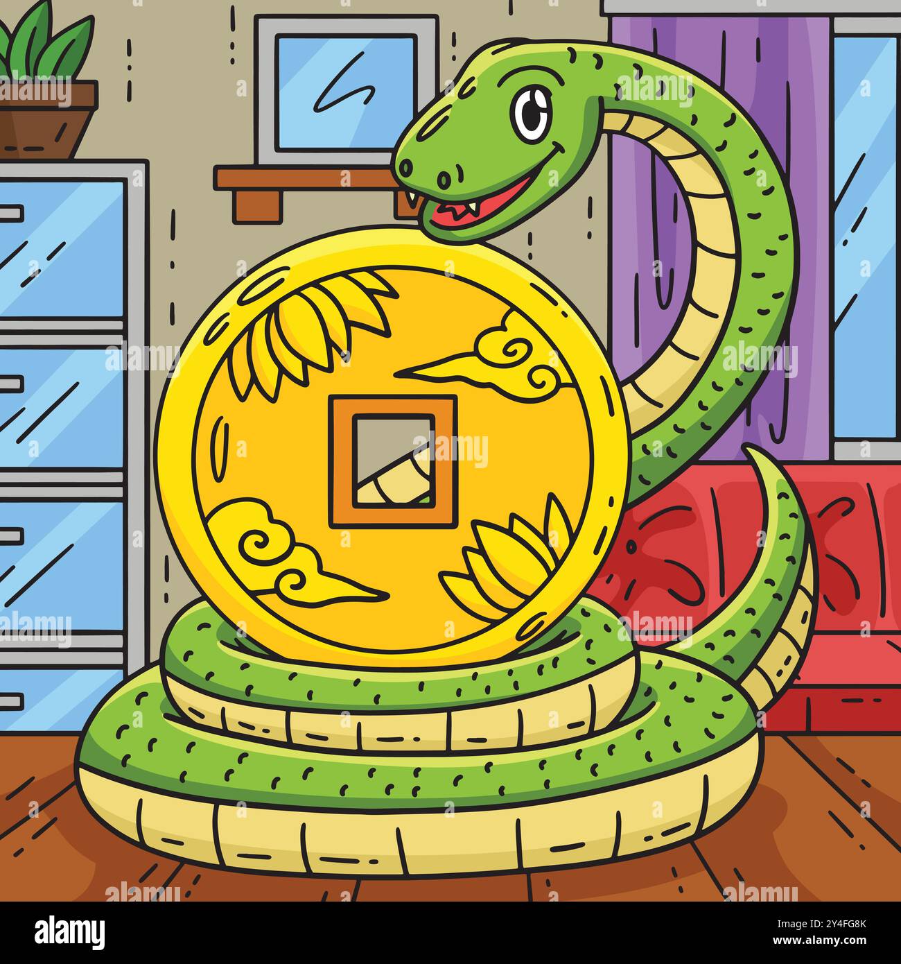 Year of the Snake Surrounding Coin Colored Cartoon Stock Vector Image ...