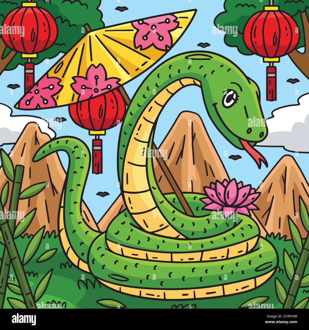 Year of the Snake with Oil Paper Umbrella Colored Stock Vector Image ...