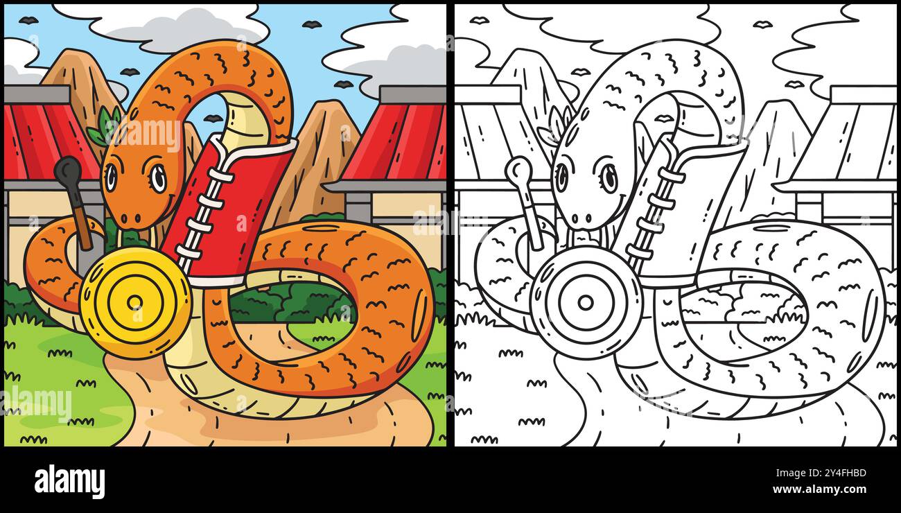 Year of the Snake with Gong Coloring Illustration Stock Vector Image ...