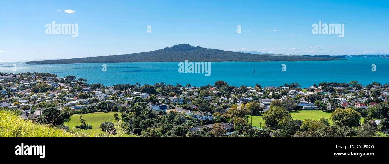 A panoramic image of Rangitoto Island, a dormant volcanic peak just ...