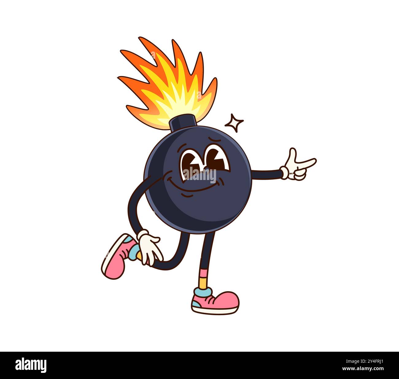 Groovy bomb character with a lit fuse. Cartoon playful explosive weapon personage wears vintage sneakers, striking a confident pose, and pointing a finger gun, exudes a mischievous and cool retro vibe Stock Vector