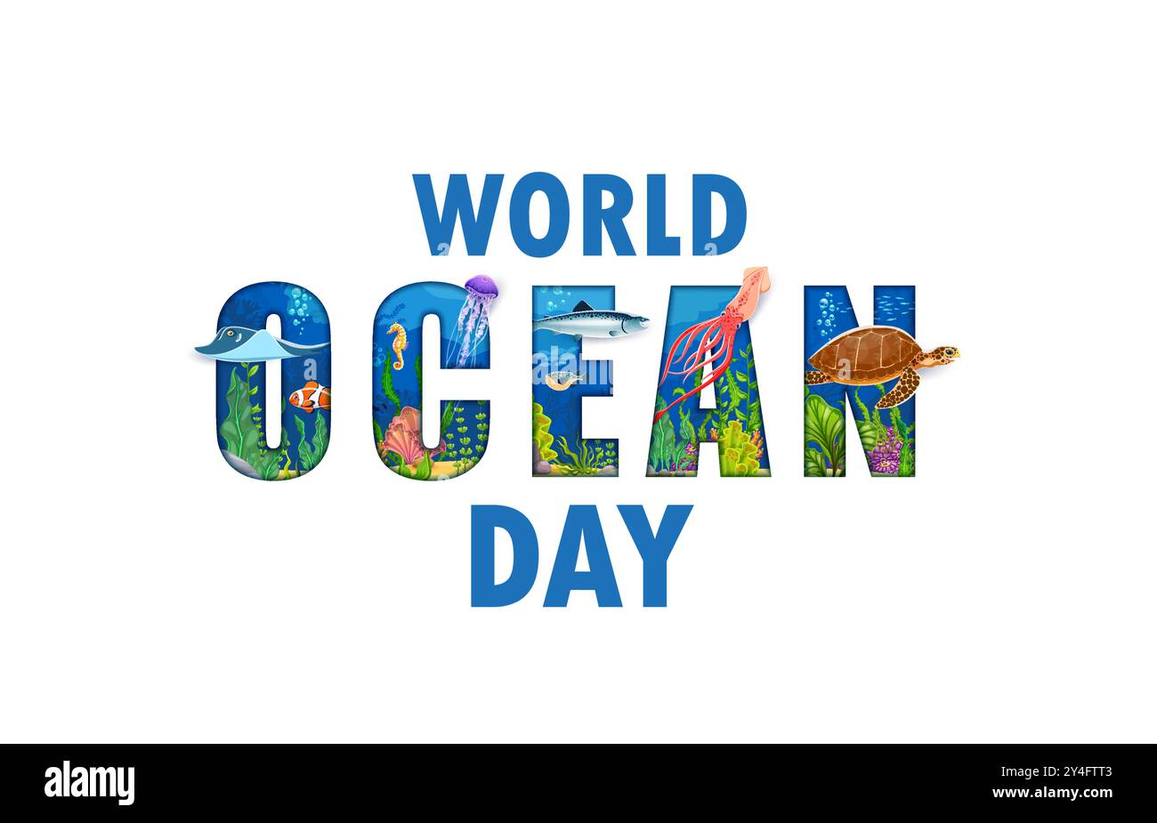 World ocean day banner with paper cut quote, vibrant marine life and animals such as sea turtle, jellyfish, manta ray, squid and coral reef within letters. Vector environmental, conservation awareness Stock Vector