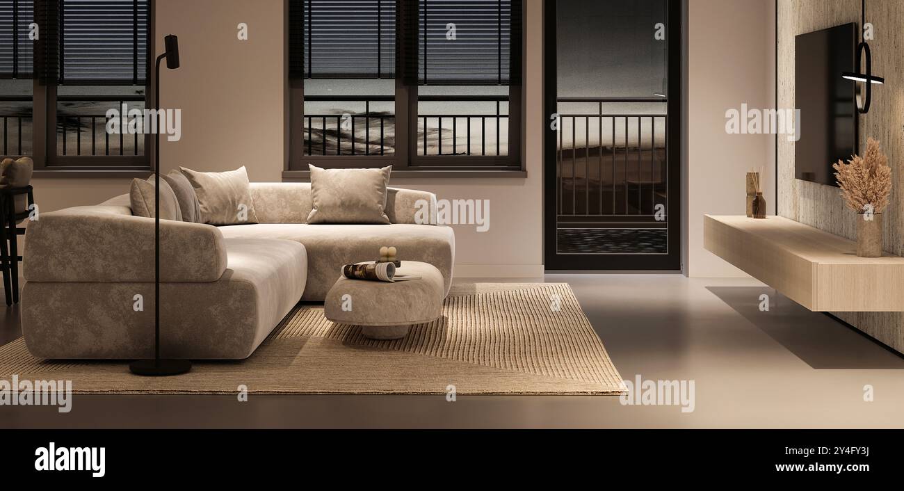 Modern living room features a plush sofa, minimalist decor, and elegant ...