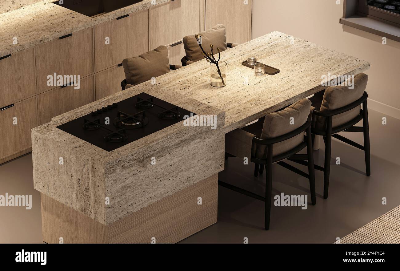 Contemporary modern kitchen featuring an elegant marble island and ...