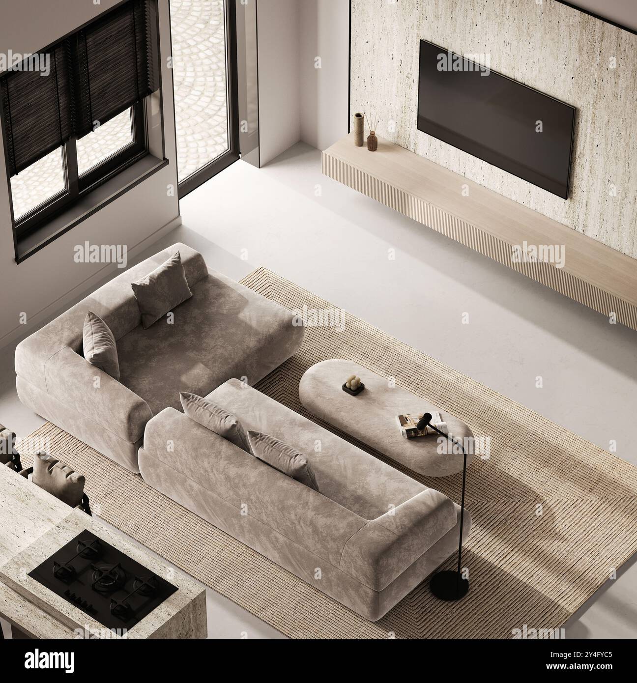 Contemporary modern minimalist living room design featuring a cozy and ...