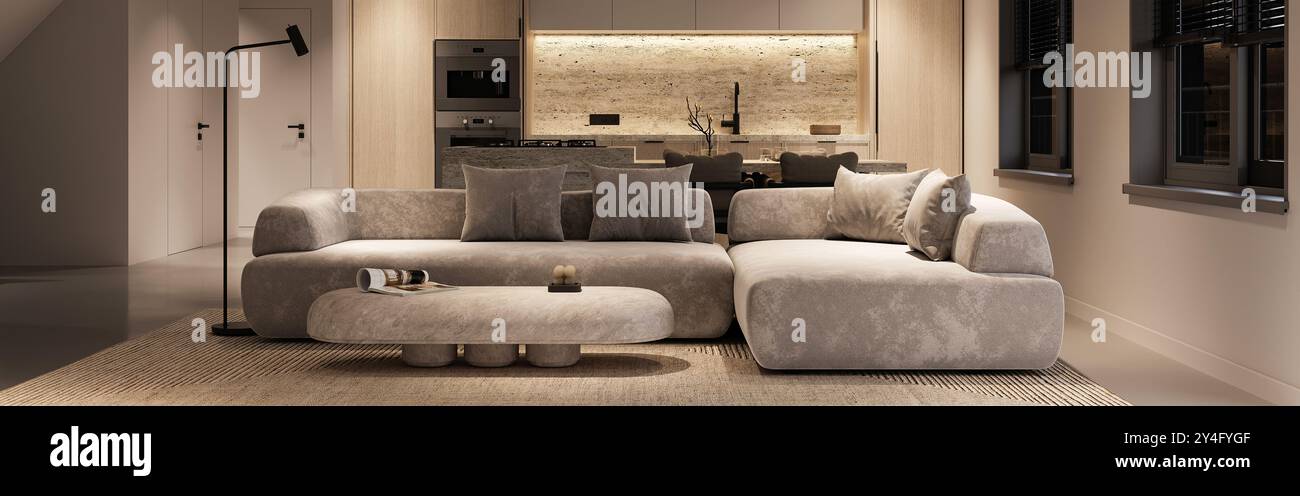 Modern and stylish living room featuring a cozy sofa and ambient ...