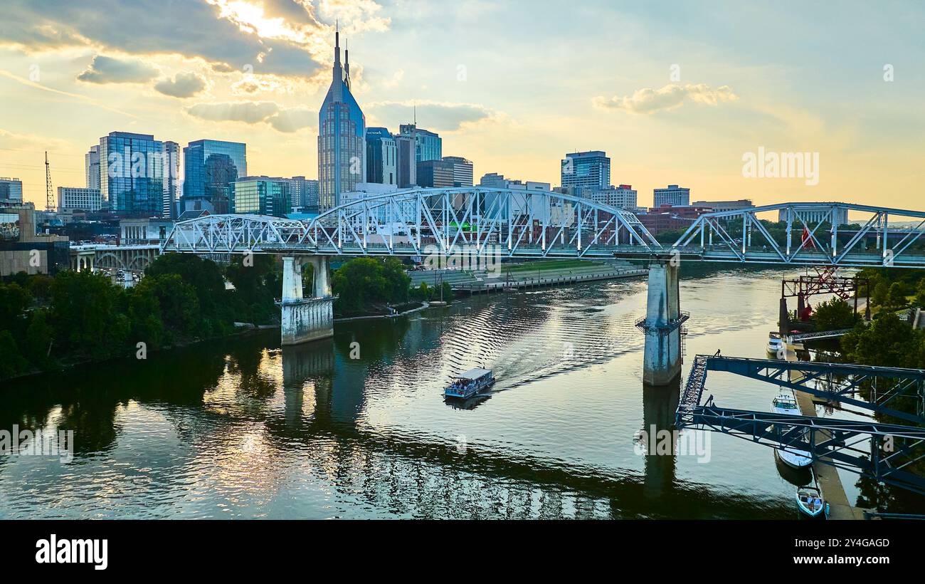 Aerial View of Nashville Skyline at Golden Hour with Cumberland River ...