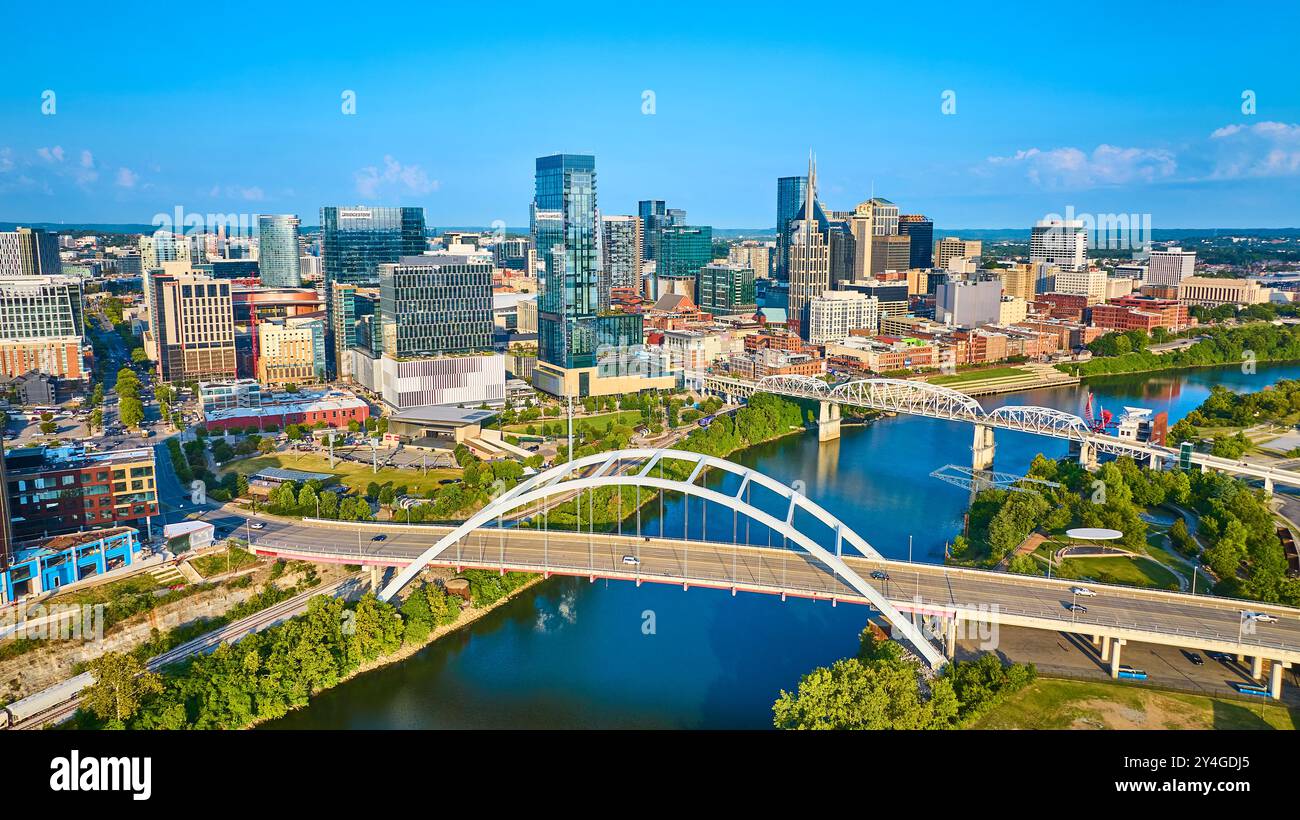 Aerial Nashville Skyline with Bridges and Riverfront View Stock Photo ...