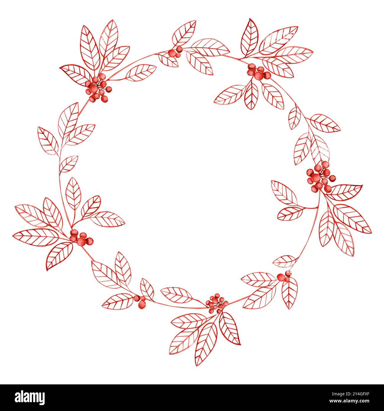 Watercolor illustration of a Christmas wreath made of red branches and ...