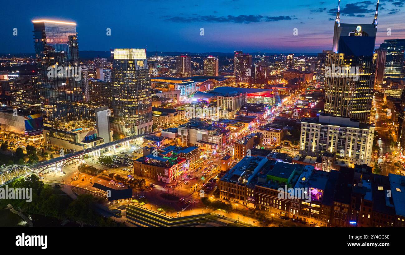 Aerial View of Nashville Skyline at Dusk with Vibrant City Lights Stock ...