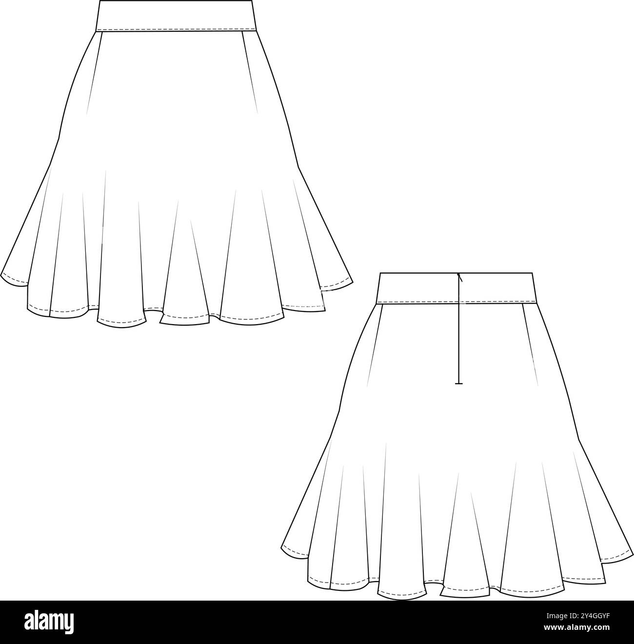 mini flared a line frilly skirt technical drawing flat sketch template ...