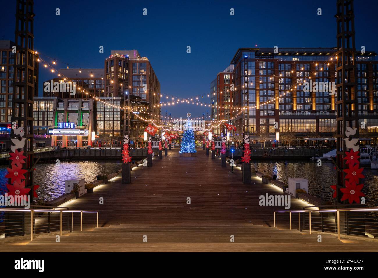 The Wharf Holiday Lights Washington DC // WASHINGTON DC — The Wharf, a vibrant waterfront neighborhood in Washington DC, is illuminated with festive holiday lights at night. The colorful display reflects off the Washington Channel, creating a magical winter scene along the Potomac River and showcasing the area's blend of modern development and seasonal charm. Stock Photo