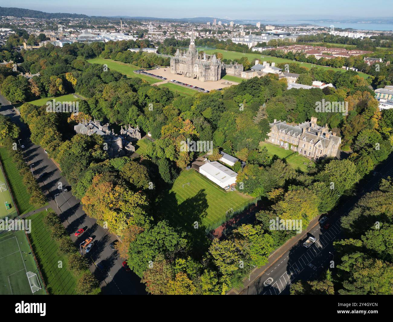 Aerial view of Fettes College, Craigleith area, Edinburgh, Scotland . Stock Photo