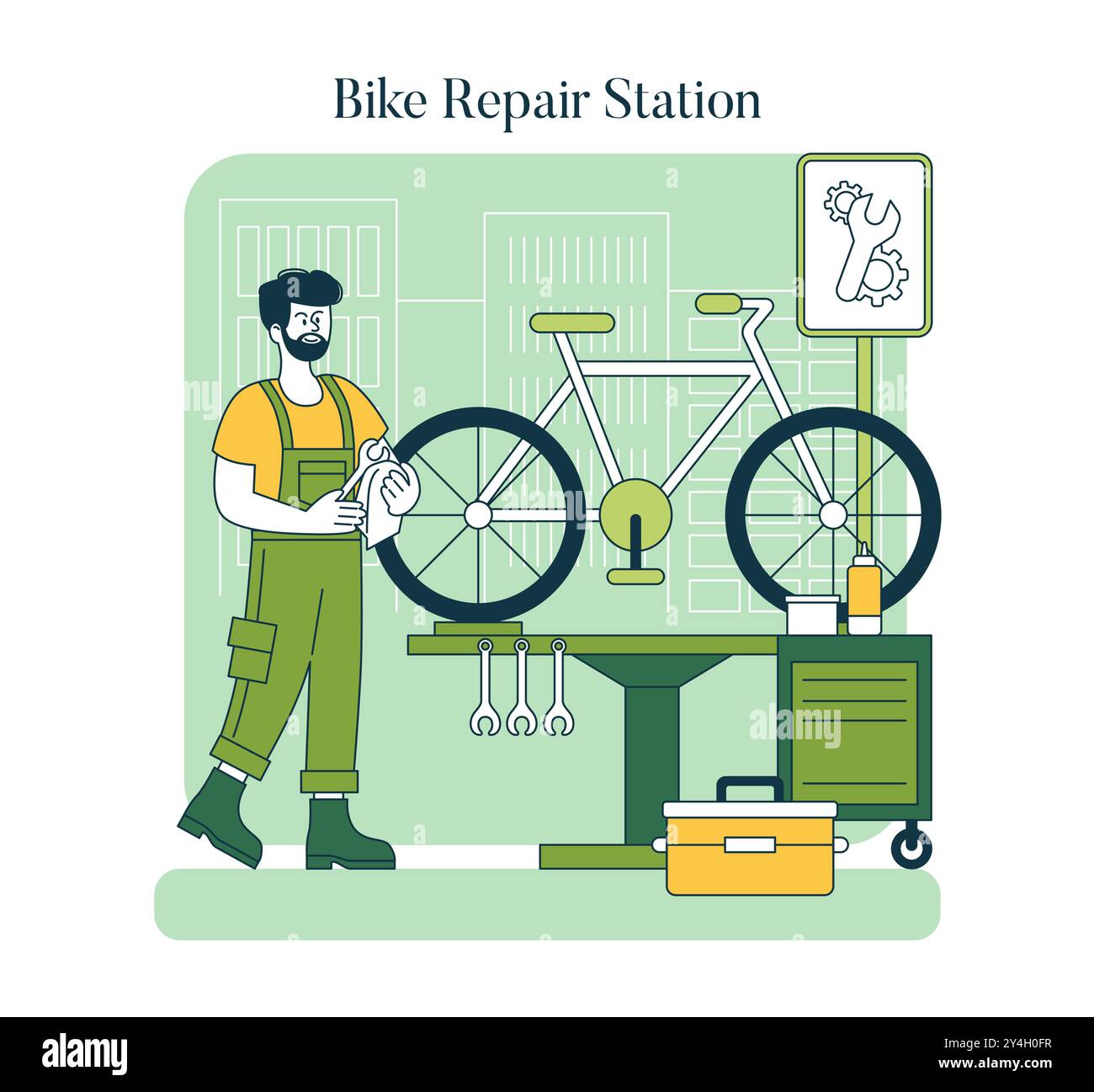 World Car Free Day concept. An eco-friendly mechanic services a bicycle at a repair station to promote sustainable transport. Urban cycling support. Vector illustration. Stock Vector