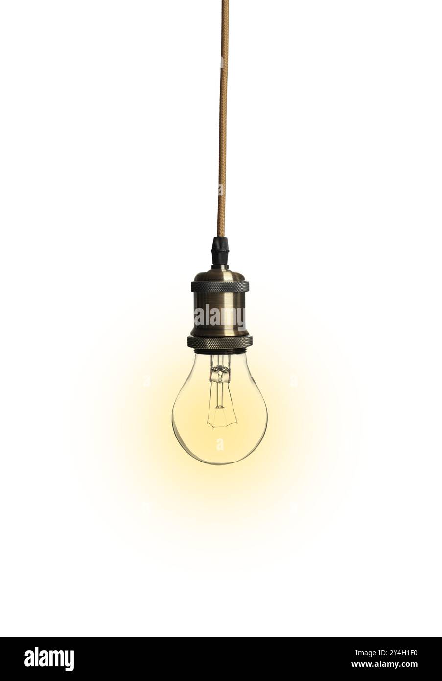 One glowing light bulb hanging on white background Stock Photo - Alamy