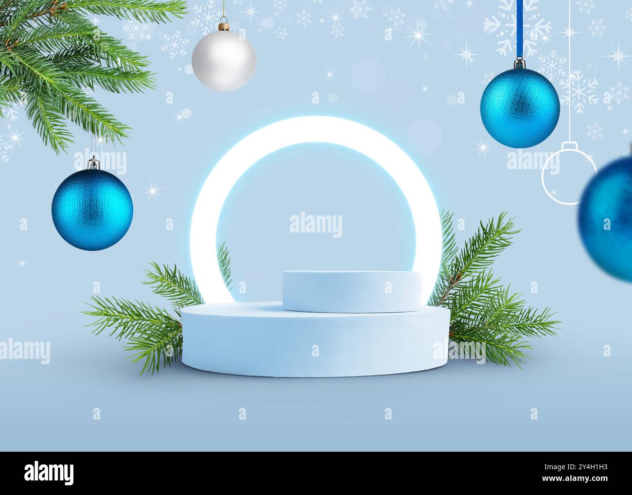 Christmas balls and snowflakes over empty podium on light blue ...