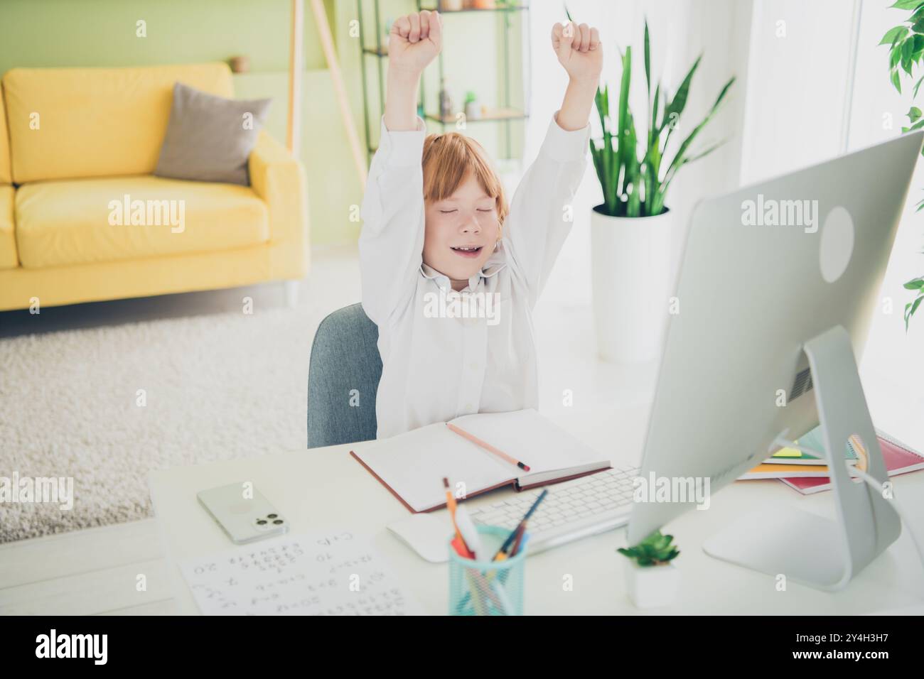 Portrait of adorable charming learner boy sitting chair desktop use ...