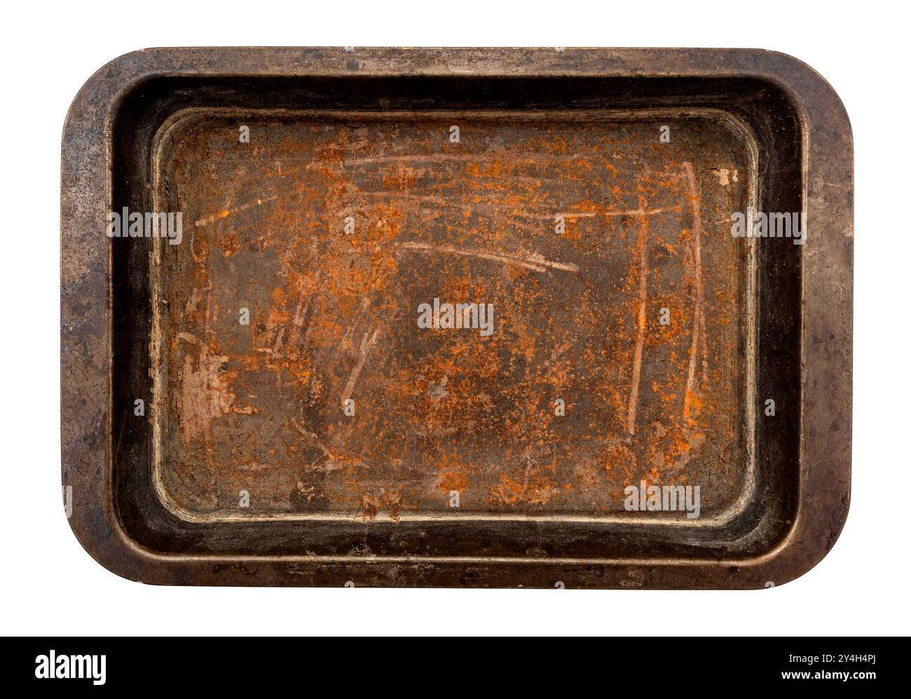 Rusty baking tray on white background. Isolate metal baking dish Stock Photo