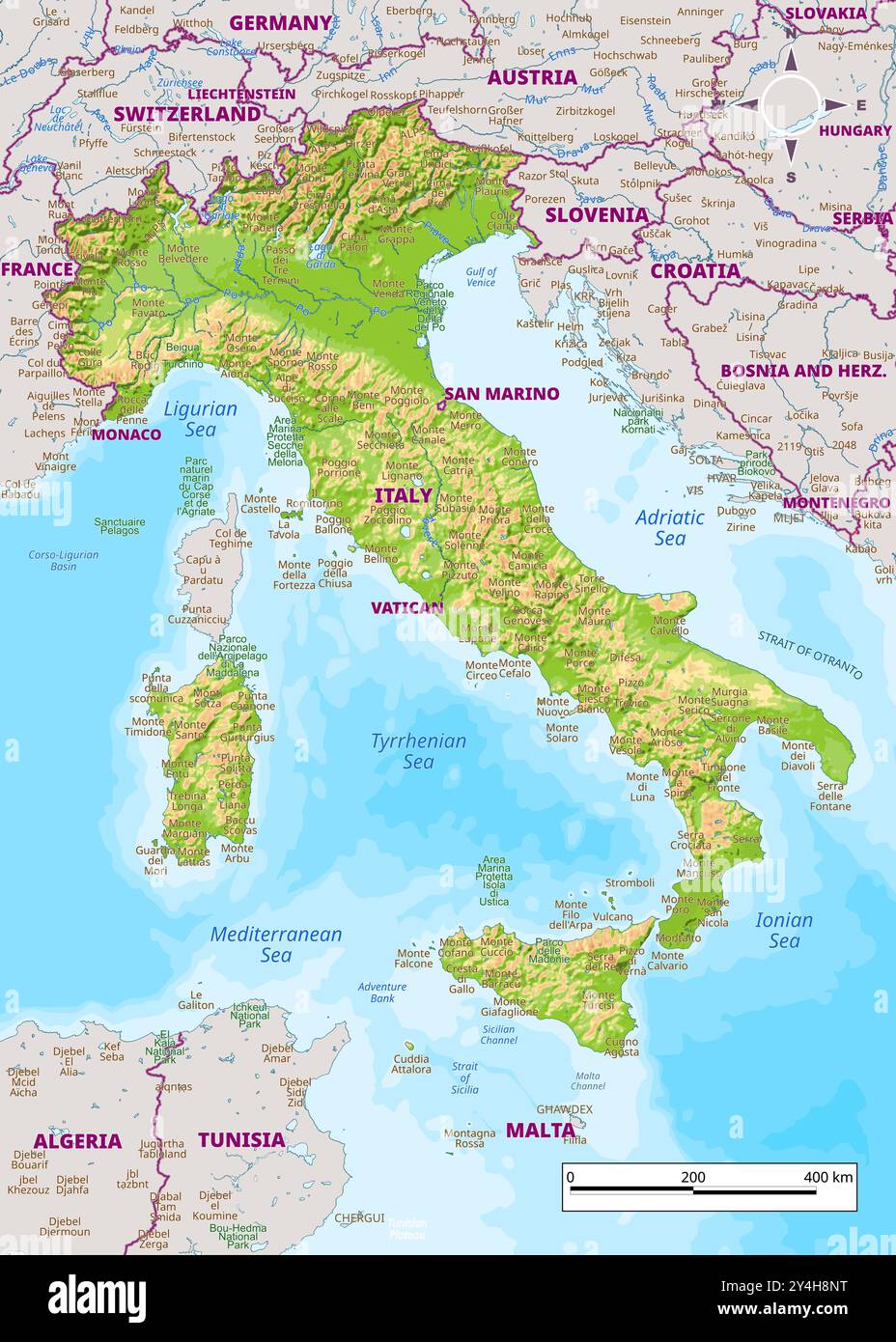 Italy physical map with national - Italy Physical Map With National Borders Rivers And Lakes Mountains Parks Labeling 2Y4H8NT