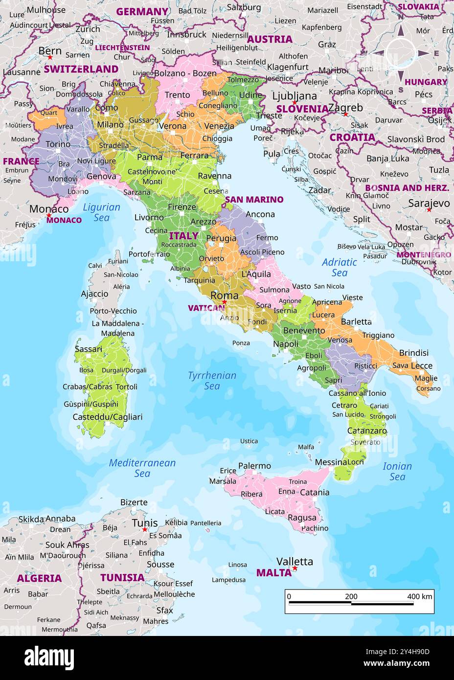 Italy Political Map With Capital Cities Towns National Borders Italy Political Map With Capital Cities Towns National Borders Rivers And Lakes Labeling 2Y4H90D