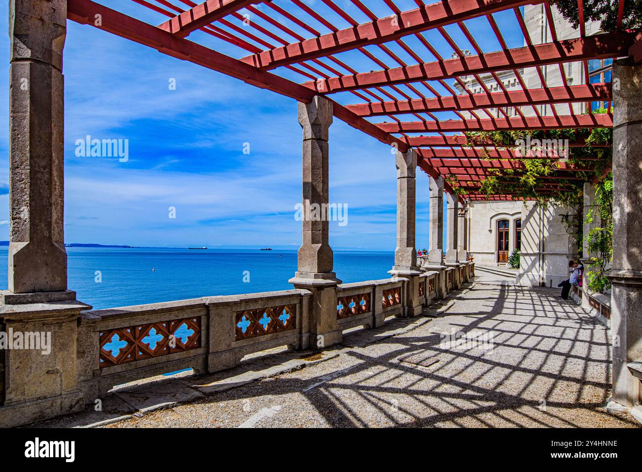 TRIESTE, ITALY – MAY 29, 2024: Miramare Castle. This historic castle, set on a cliff overlooking the Adriatic Sea, features elegant architecture and l Stock Photo