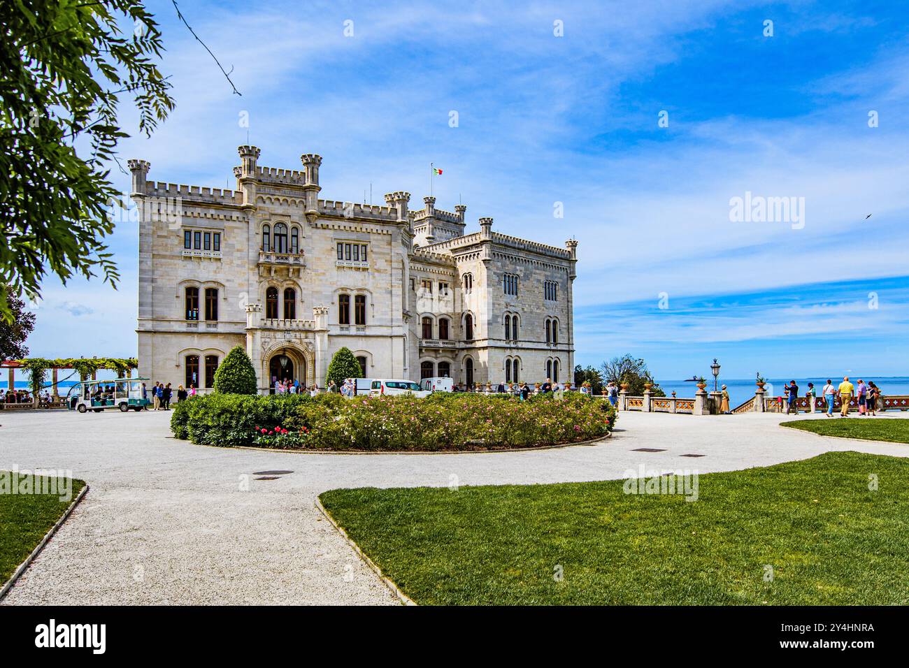 TRIESTE, ITALY – MAY 29, 2024: Miramare Castle. This historic castle, set on a cliff overlooking the Adriatic Sea, features elegant architecture and l Stock Photo
