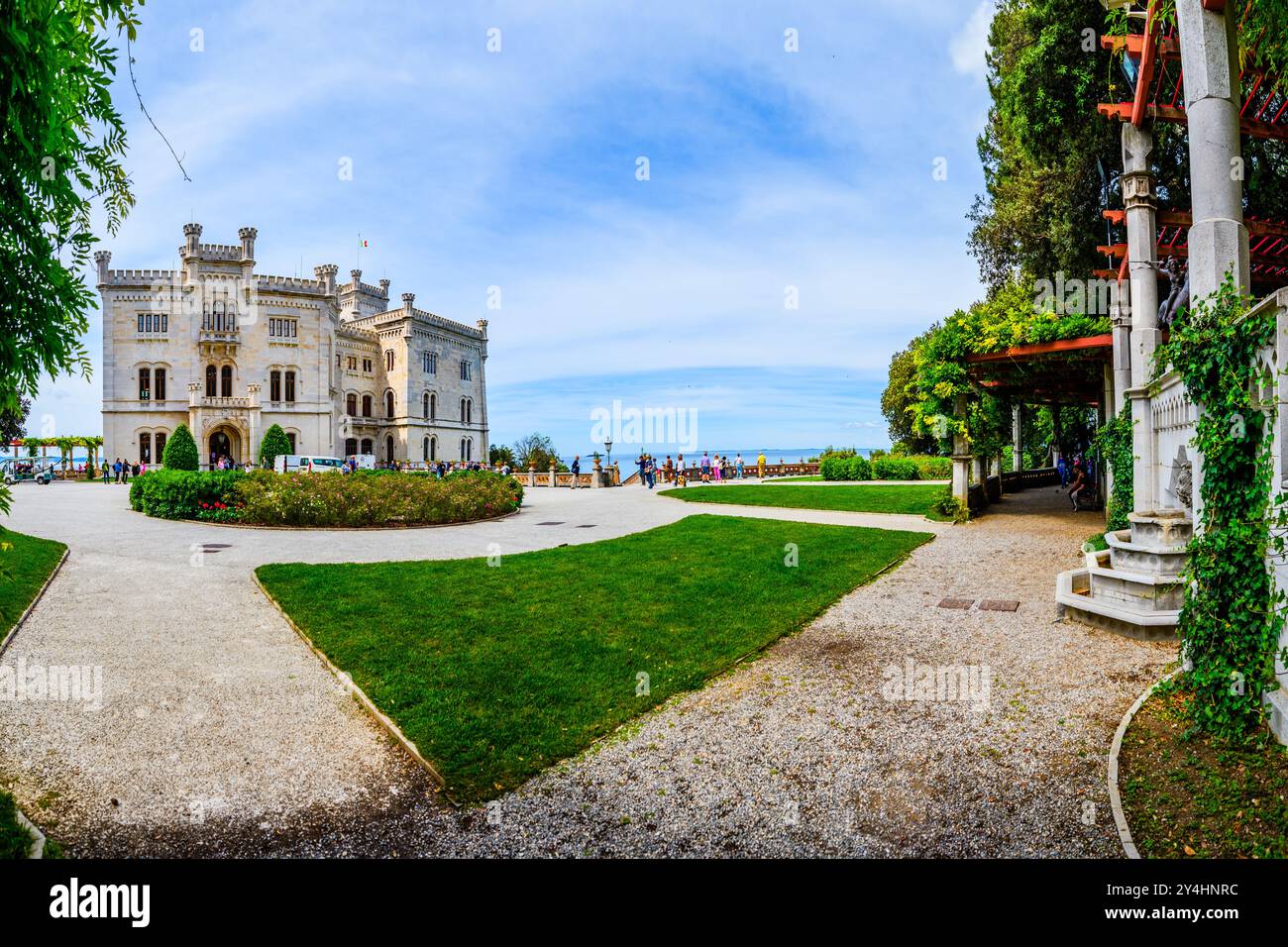 TRIESTE, ITALY – MAY 29, 2024: Miramare Castle. This historic castle, set on a cliff overlooking the Adriatic Sea, features elegant architecture and l Stock Photo