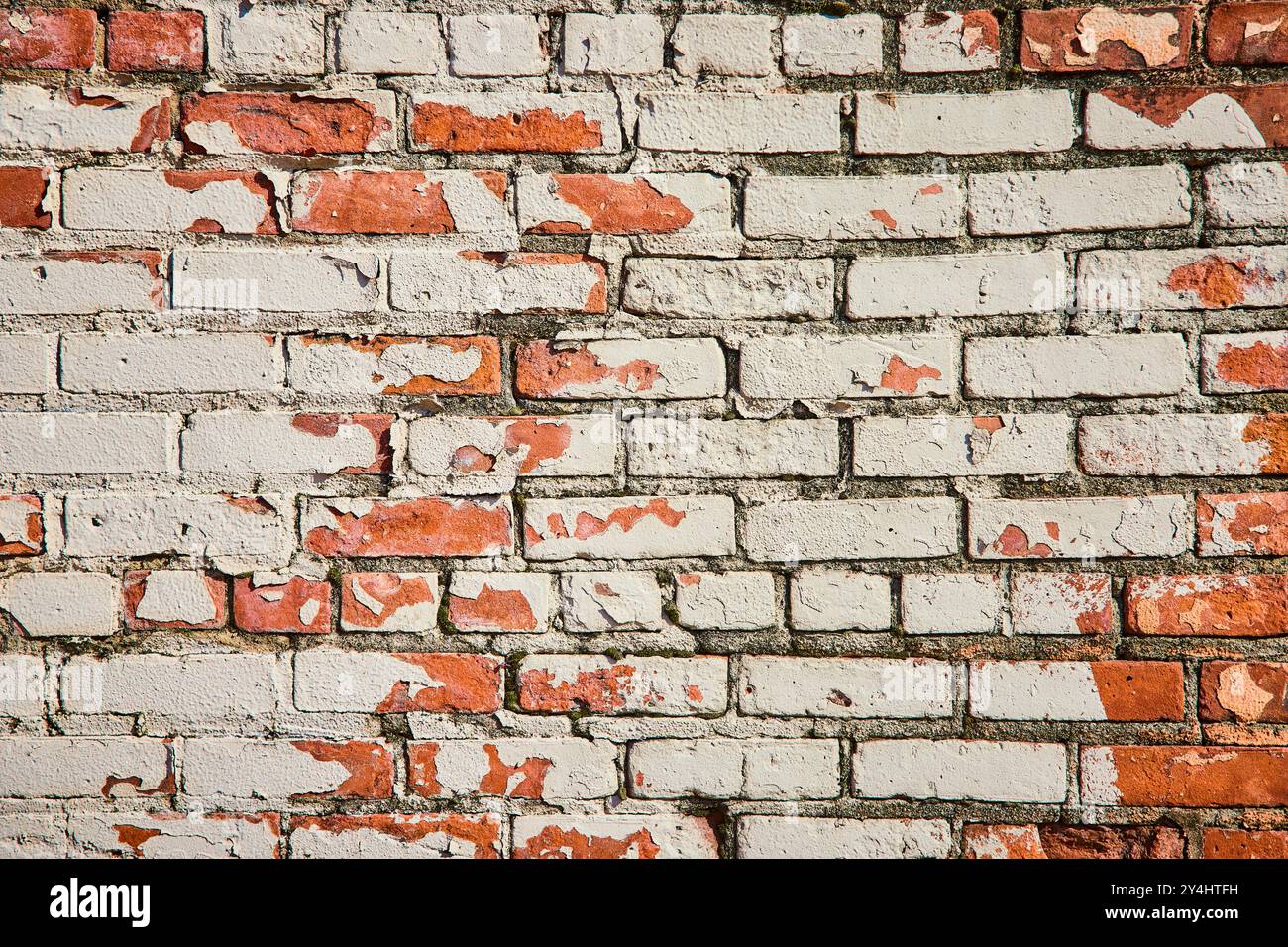 Weathered Brick Wall with Peeling Paint Texture Eye-Level View Stock Photo