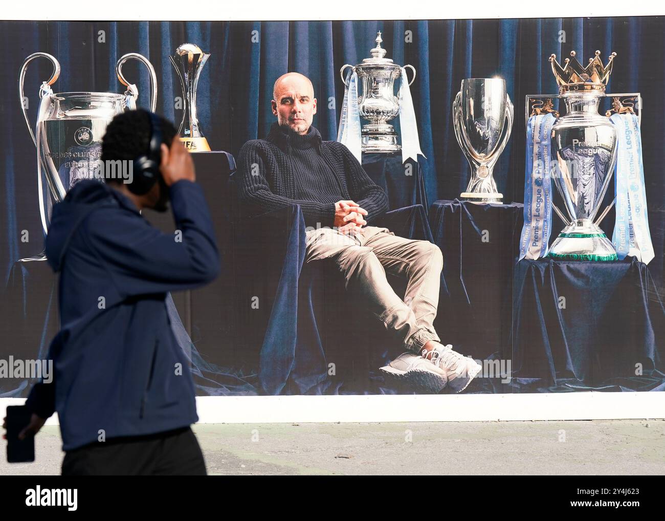 Manchester, UK. 18th Sep, 2024. Josep Guardiola coach of Manchester City pictured on a poster with the trophies he has won while at the club during the UEFA Champions League match at the Etihad Stadium, Manchester. Picture credit should read: Andrew Yates/Sportimage Credit: Sportimage Ltd/Alamy Live News Stock Photo