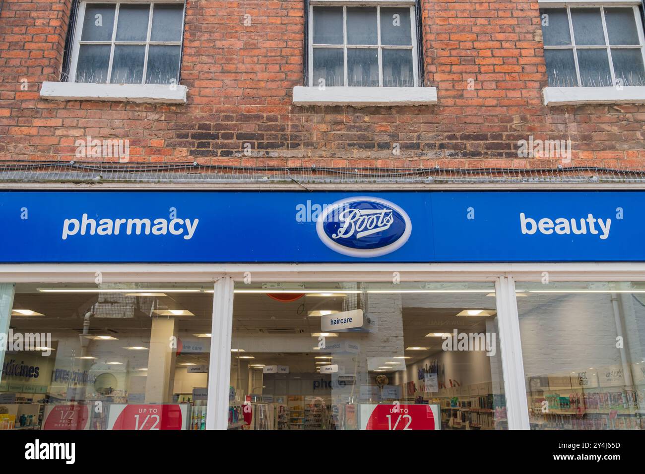 Bridgnorth, Shropshire, England – September 18 2024: External signage of Boots, the health and pharmacy shop in the UK Stock Photo