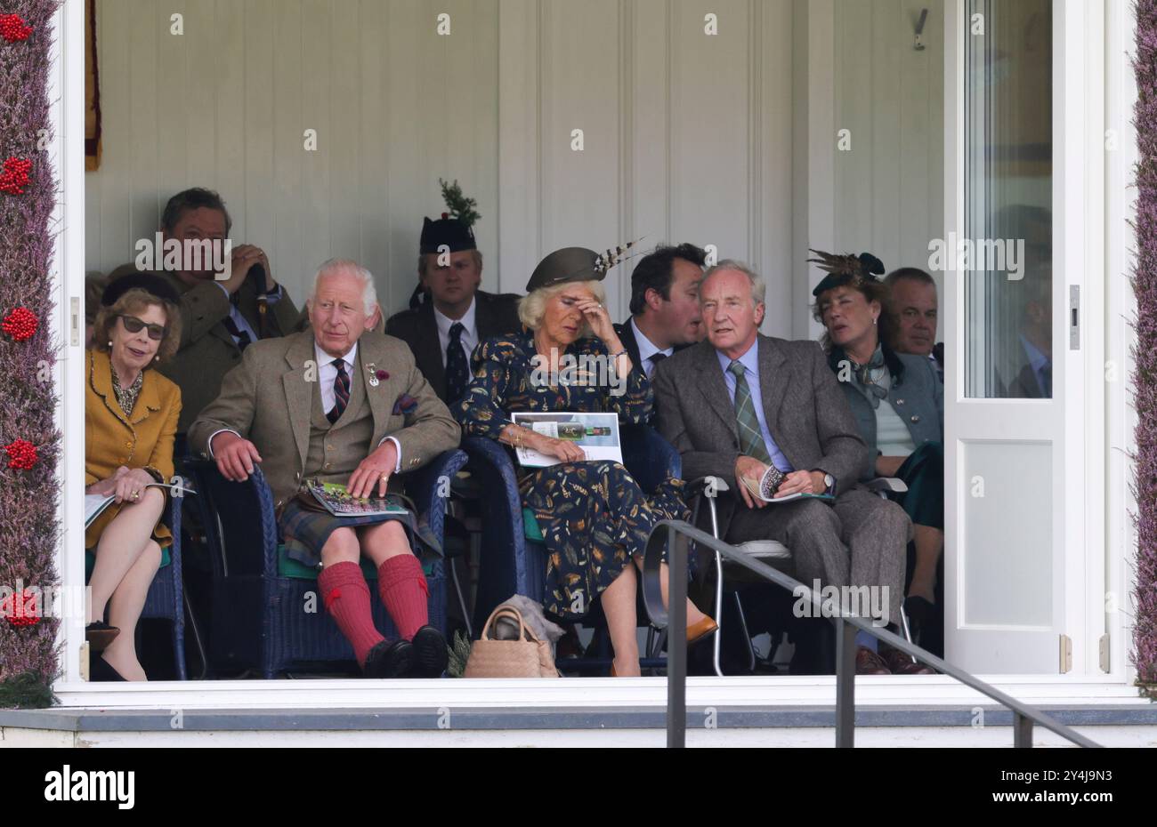 Image ©Licensed to Parsons Media. 07/09/2024. Braemar , United Kingdom. The King attends the Braemar Gathering.  King Charles III accompanied by Queen Camilla attend the Braemar Gathering in the Highlands of Scotland near Balmoral Castle. Picture by Andrew Parsons / Parsons Media Stock Photo