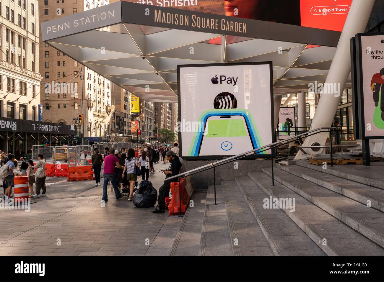 Advertising for shopping with Apple Pay at Pennsylvania Station in New York on Sunday, September 15, 2024.  (© Richard B. Levine) Stock Photo