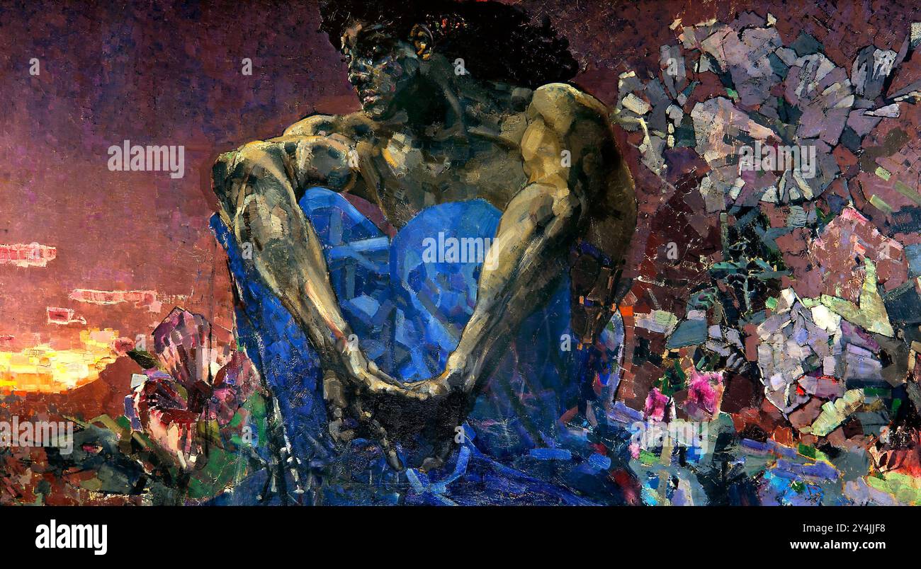 The Demon Seated, 1890. Painting by Mikhail Vrubel Stock Photo