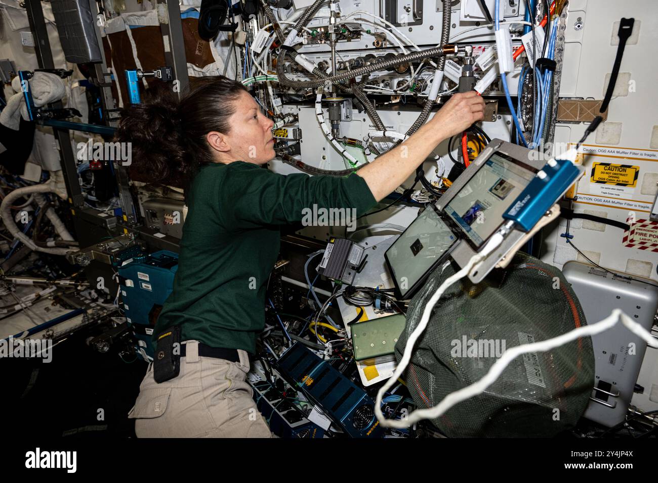 International Space Station, Earth Orbit. 05 September, 2024. NASA astronaut and Expedition 71 Flight Engineer Tracy Caldwell-Dyson tests the configuration of computers that control life support systems inside the Destiny laboratory module of the International Space Station, September 14, 2024, in Earth Orbit. Credit: Astronaut Provided/NASA Photo/Alamy Live News Stock Photo