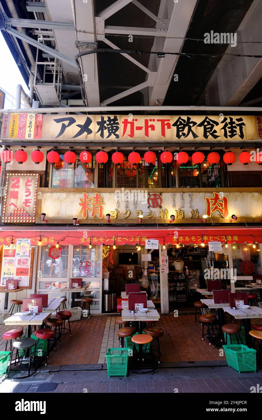 A Izakaya restaurant specializing grilled meat in the side streets branching off from the main Ameyoko thoroughfare in Okachimachi shopping district. Ueno,Taito Ward,Tokyo,Japan Stock Photo