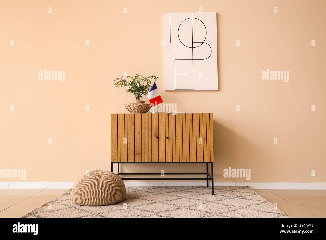 Flag of France with palm and magazine on commode in living room Stock Photo