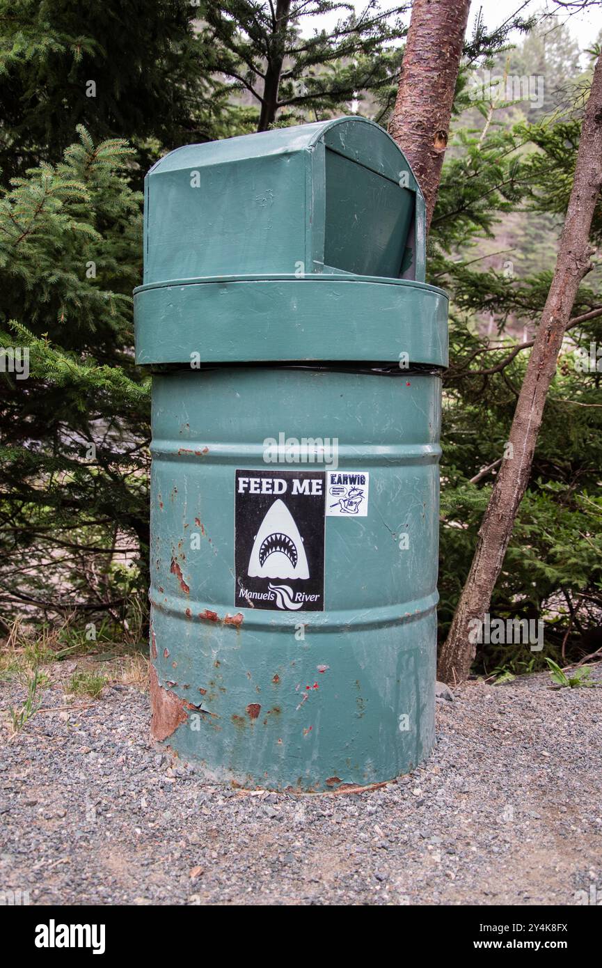Feed me sign on a garbage can at Manuels River in Conception Bay South, Newfoundland & Labrador, Canada Stock Photo